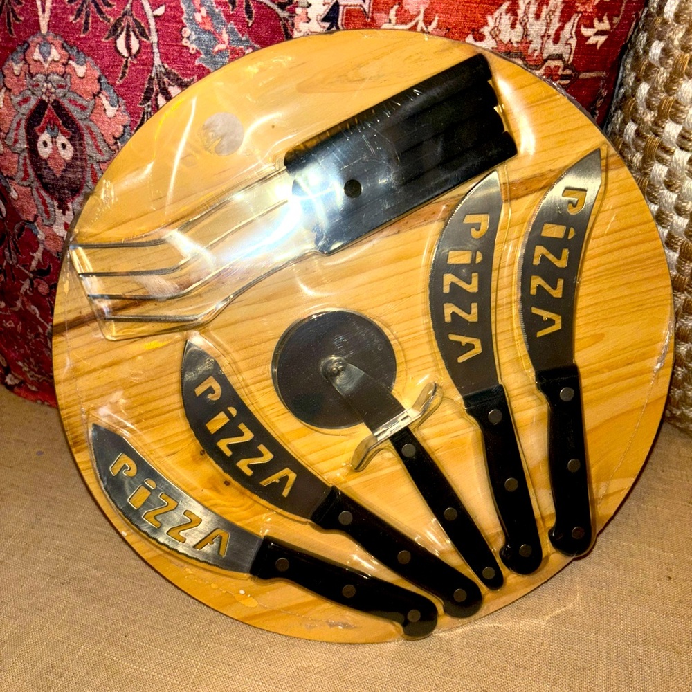 Pizza Cutter and Knife Set with Wooden Board